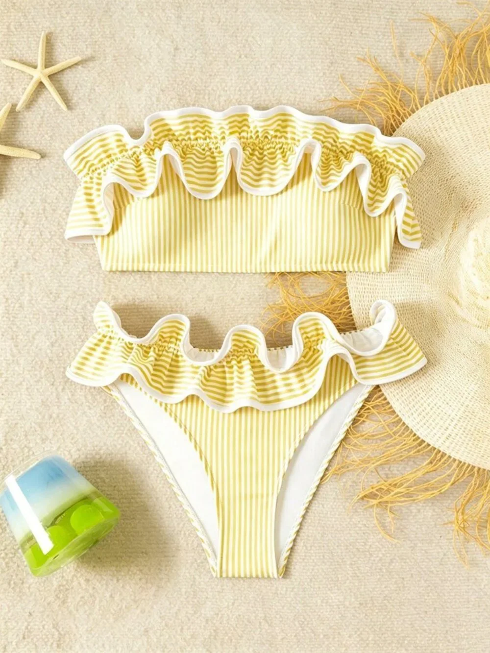 Yellow Women's Beach Vacation Striped Sexy Bikini